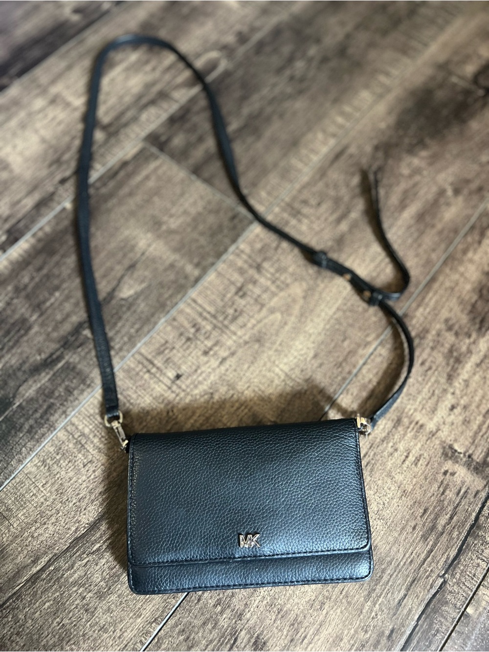 Michael Kors Black Pebbled Leather Mini Crossbody with Gold MK Accent